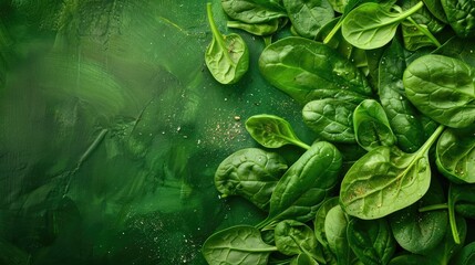 Fresh spinach leaves on a green textured backdrop