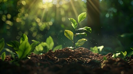 A young plant sprouting from the earth with rays of sunlight illuminating it. portrayal of growth, nature and new beginnings. ideal for environmental concepts. AI - obrazy, fototapety, plakaty