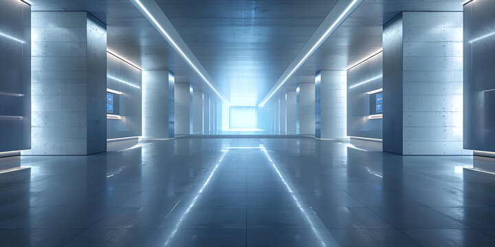 Modern empty futuristic room in neon cyberpunk style realistic cinematic light template  futuristic underground parking corridor warehouse with lighting an empty stage