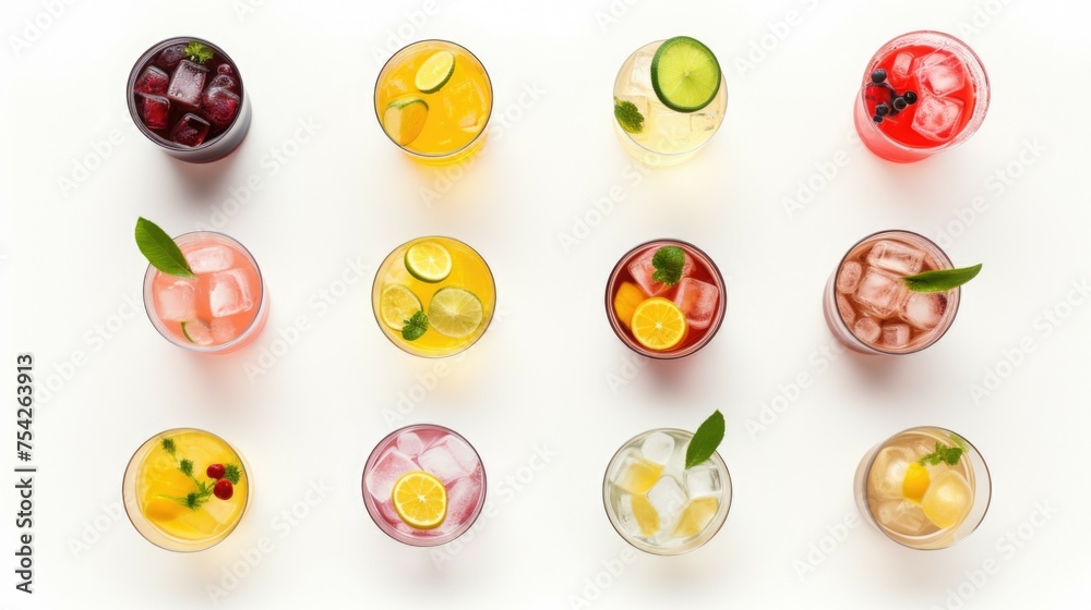 Poster assorted drinks displayed on a white table, suitable for beverage concept