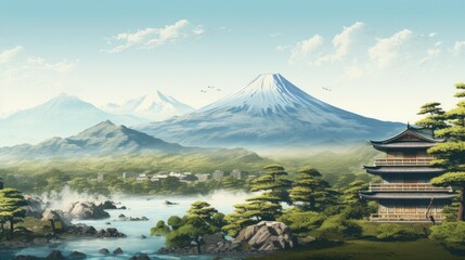 Scenic mountain landscape with a traditional pagoda in the foreground. Suitable for travel and nature themes