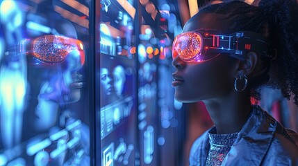 Young woman wearing futuristic virtual reality glasses, engaging with a sophisticated digital interface.