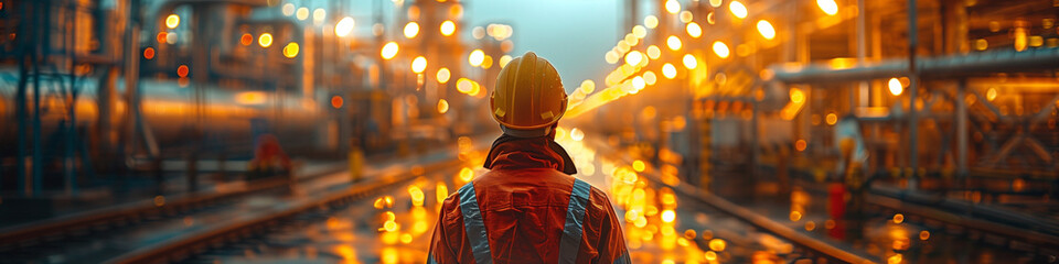 Man standing and looking at the pipeline. Man at work, industry worker. - obrazy, fototapety, plakaty