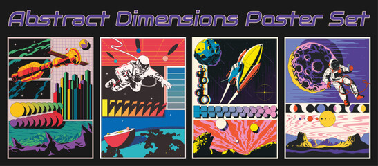 Abstract Dimensions Poster Set. Space, Spacecraft, Astronauts, Planets, Landscapes. Geometric Shapes Background 