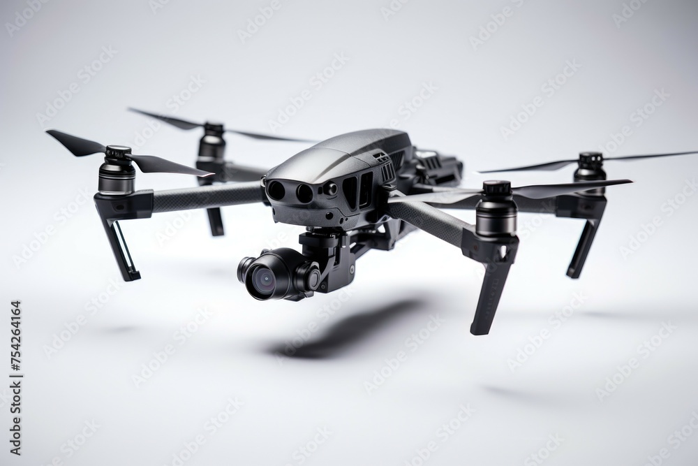Poster a close up of a small black drone on a white surface. ideal for technology concepts