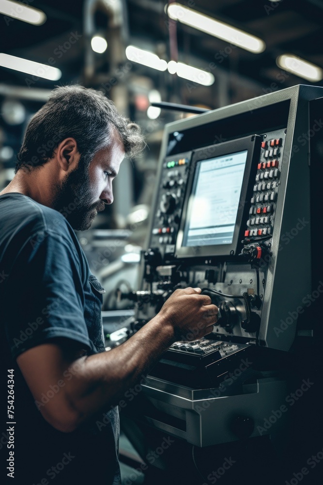 Poster man working on machinery in a factory, ideal for industrial concepts