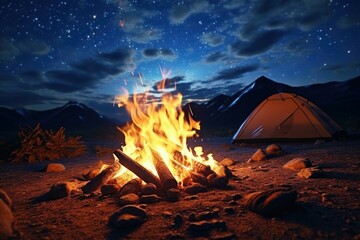 A cozy campfire burning with a tent in the background. Ideal for outdoor and camping concepts