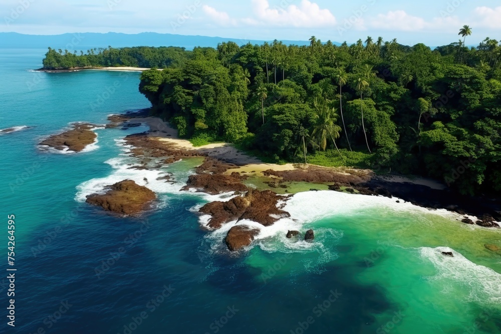 Poster Aerial view of a beach and forested area. Suitable for travel and nature concepts