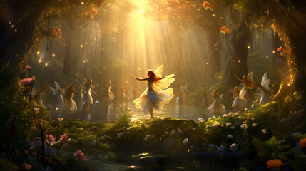 Enchanted Glade  Fairies Dance Amidst Sunlit Meadows - obrazy, fototapety, plakaty