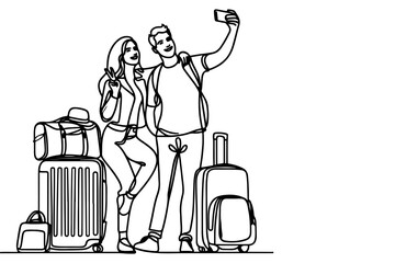 continuous one black line art drawing cheerful young man and girl  holding smartphone to taking acting selfie or video call through mobile phone outline doodle vector family travel concept