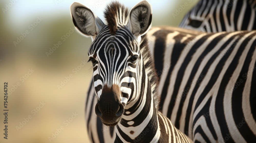 Poster close-up of two zebras in a field. suitable for nature and wildlife concepts