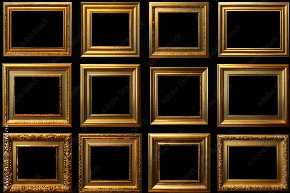 Poster A collection of elegant gold frames on a sleek black background. Perfect for adding a touch of sophistication to any design project