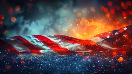 American flag with sparkling bokeh lights representing celebration and national pride - obrazy, fototapety, plakaty