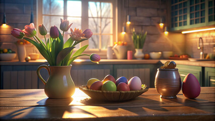 decorated with Easter decorations, brown wooden tabletop on a blurred kitchen background with a window in the spring sun, vases with a bouquet of pink tulips and crazy eggs.