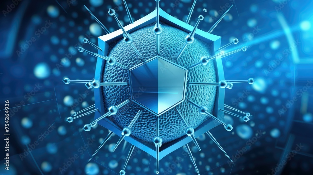 Poster a blue shield surrounded by pins on a blue background. great for security concepts