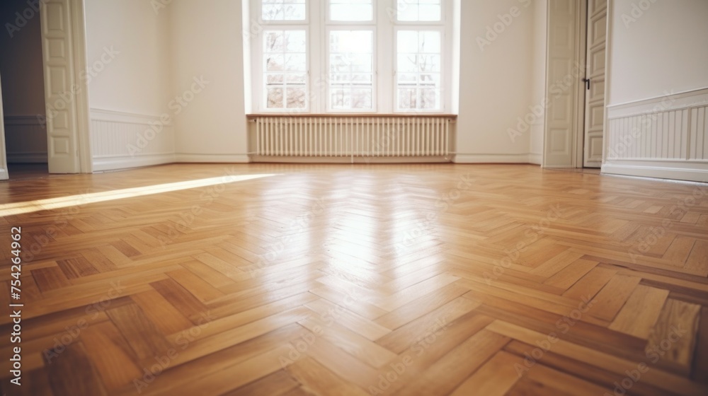 Poster A simple image of an empty room with a window and wooden floor. Perfect for interior design concepts