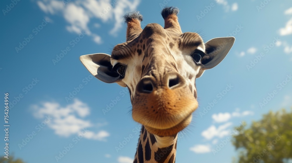 Poster close up of a giraffe's face with trees in the background. suitable for wildlife and nature themes