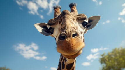 Close up of a giraffe's face with trees in the background. Suitable for wildlife and nature themes