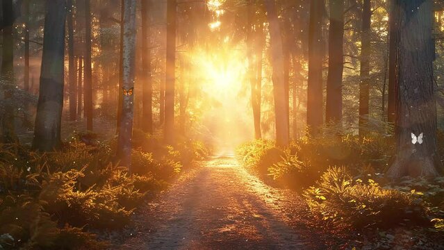 path through the woods magical fantasy forest at sunset. seamless looping overlay 4k virtual video animation background