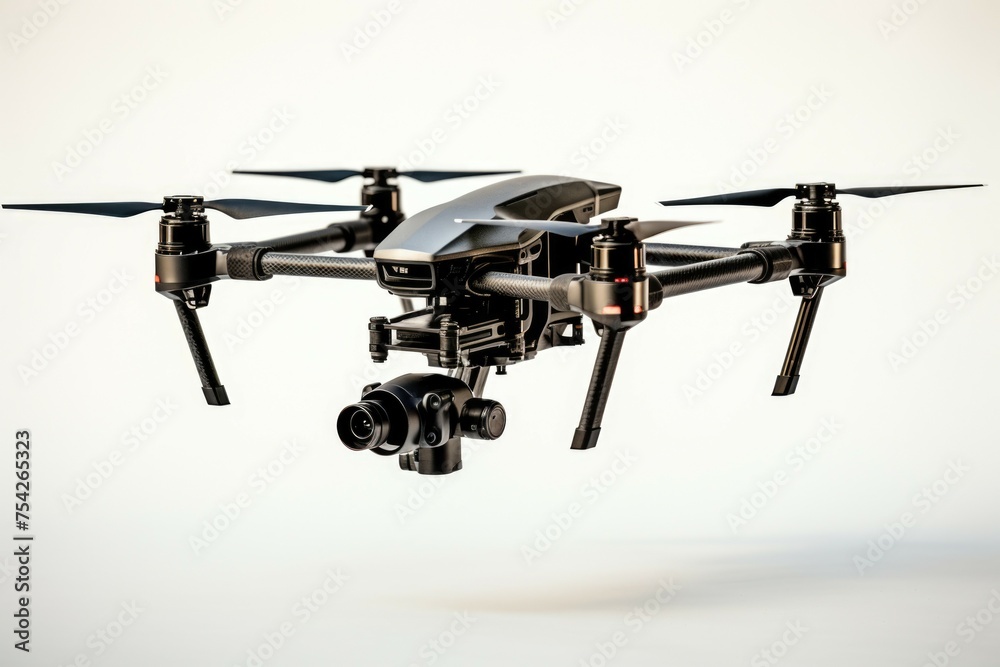 Poster A black drone flying with a camera attached. Suitable for technology concepts