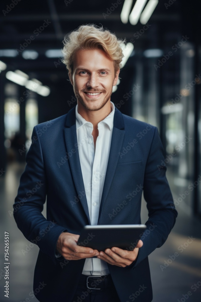 Poster a man in a suit holding a tablet computer. perfect for business and technology concepts
