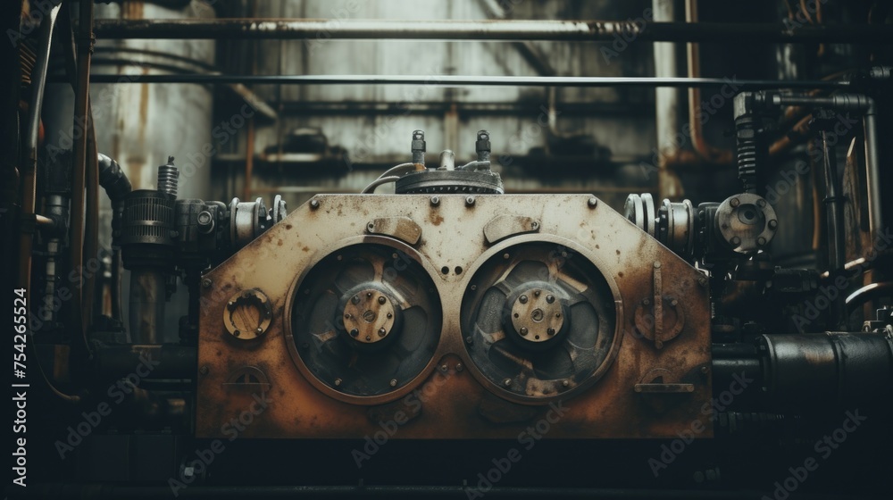 Poster detailed view of machinery in an industrial setting. suitable for manufacturing concepts