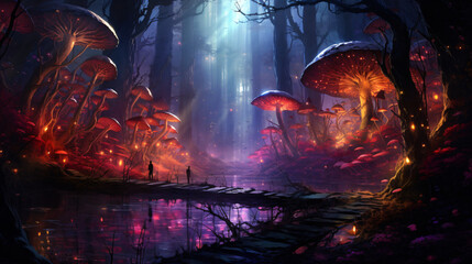 Ethereal Enclave  Glowing Mushrooms Illuminate Hidden - obrazy, fototapety, plakaty