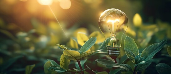 Solar lighting nurture plant growth in lamp bulb, harmonizing with trees on green background. image captures greenery against mountain backdrop, green technology, innovation, startup or idea concept.