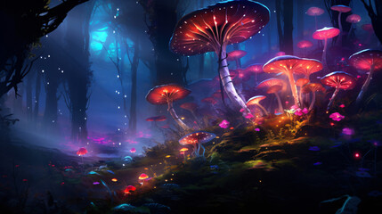 Ethereal Enclave  Glowing Mushrooms Illuminate Hidden - obrazy, fototapety, plakaty
