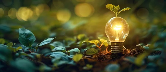 Foto auf Leinwand Solar lighting nurture plant growth in lamp bulb, harmonizing with trees on green background. image captures greenery against mountain backdrop, green technology, innovation, startup or idea concept. © James Ellis
