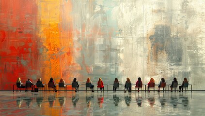 Silhouetted people seated in a row against vibrant abstract artwork.