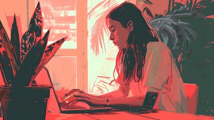 Contemporary digital artwork of a woman working at her laptop in a vibrant, plant-filled room. perfect for modern lifestyle themes. AI