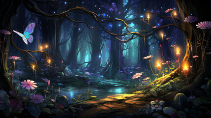Fairy forest at night fantasy glowing flowers butterfl