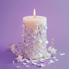 Obraz na płótnie Canvas candle burns with foil on purple background.