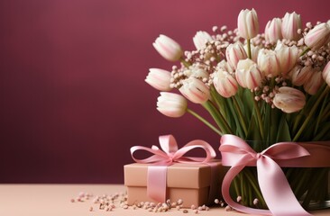 gift box with pink ribbon and baby's breath, pink tulips, and pink flowers