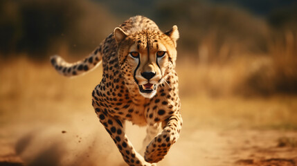 Fast cheetah with black dots runs in savanna valley