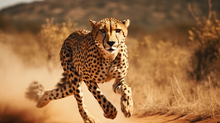 Fast cheetah with black dots runs in savanna valley