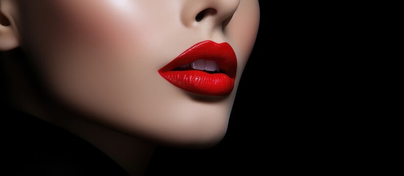 A close-up view of a beautiful young models face with vibrant red lipstick, showcasing her creative lips makeup. The focus is on the details of the lipstick application against a black background.