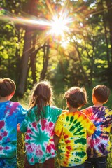 Joyful Friends Flaunting Handmade Tie-Dye Shirts at a Sunny Easter Garden Party