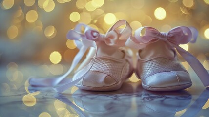Glittering baby shoes with purple ribbons on a golden light background