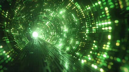 Fototapeta premium Vivid green digital data tunnel with dynamic light patterns