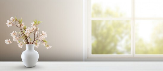 A white vase filled with white flowers sits on a white table, with a blurred home interior background of a window and wall.