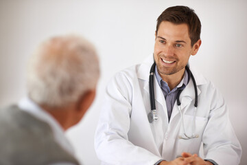 Elderly, man and doctor consultation or healthcare discussion in retirement or life insurance,...