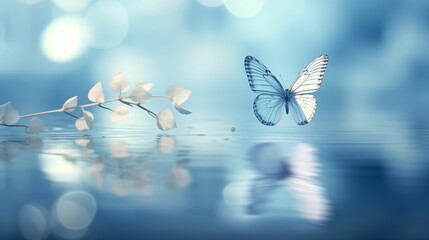 A butterfly hovering above the surface of a calm pond.