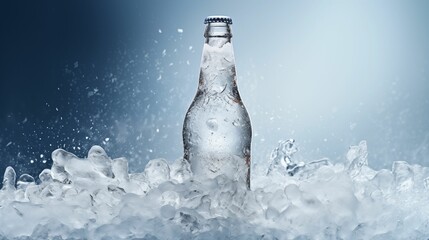 Refreshing beer bottle, in a frosty layer of ice.