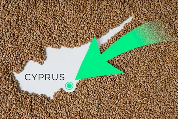 Schilderijen op glas Map of Cyprus filled with wheat grain. Direction green arrow. Space for text.  © Ganna Zelinska