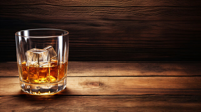 Glass of whiskey on wood background .