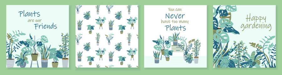 Fototapeta na wymiar Beautiful set of cards with cute home plants in flowerpots. Set of different indoor houseplants in pots modern illustrations. Universal vector template design for banner, invitation, social media post