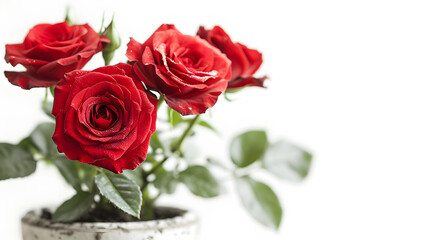 Red roses in a pot isolated on white background with copy space.