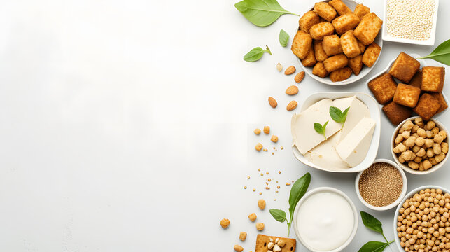Top view of various types of soy protein on white background with copy space